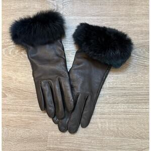 Women’s Brown Leather Gloves w/ Real Black Fur Cuffs Size M Lined WPL 9633 Chic